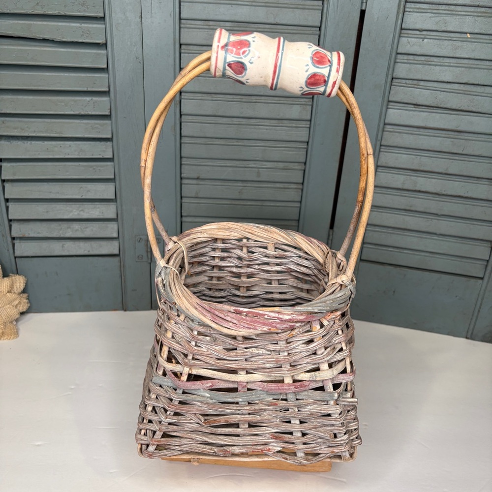 Vintage Square Bottom Basket With Single Handle Hand Painted Ceramic Top